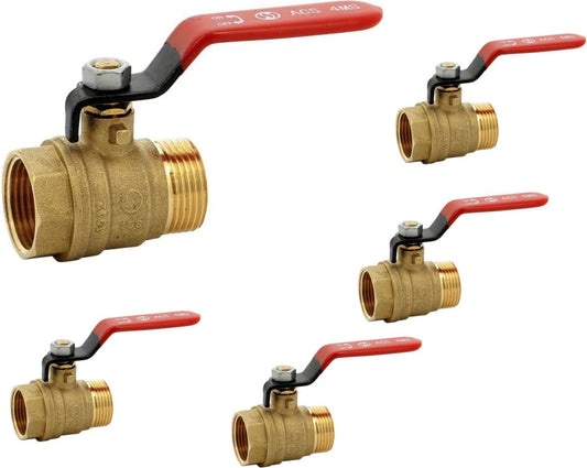 4MS 15S Messing-Kugelhahn – männlich/weiblich, BSP, roter Griff, 1 Zoll – 5er-Pack