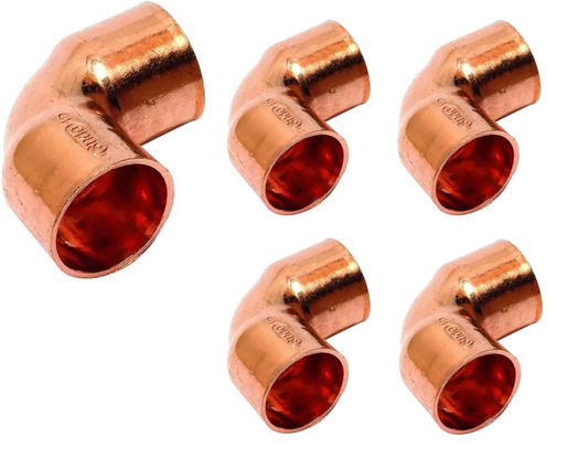 Packung mit 10 gleichen 90°-Winkelstücken, Innengewinde auf Innengewinde, 22 mm, aus Kupfer