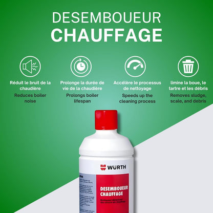 Heating desludging agent, alkaline liquid for curative use, cleaning, descaling, anti-corrosion, Wurth 1kg, for desludging heating circuits, White/Yellow, pH 7-8, 20°C