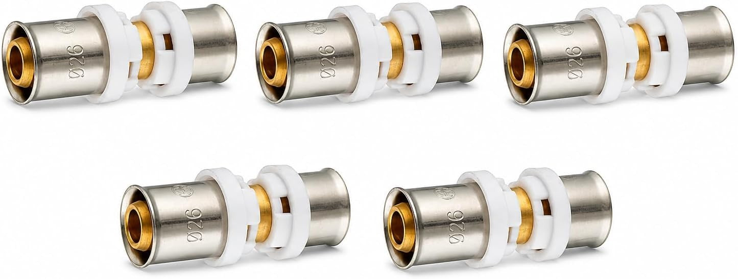 Lot de 5 - Raccords Droits à Sertir Multicouche 26mm - Profil TH jonction égale double PEX-AL-PEX