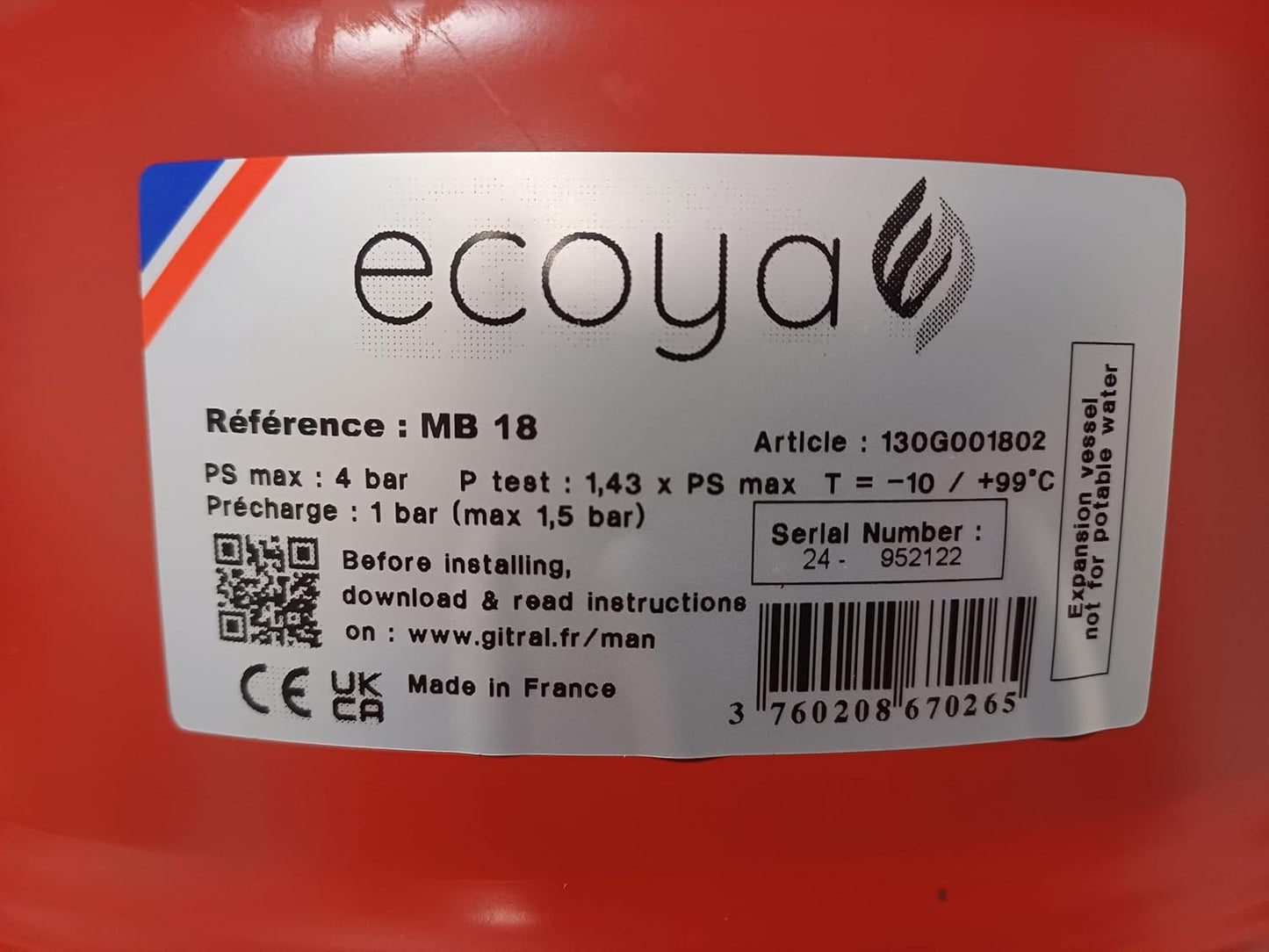 Vase d'expansion à membrane de 18 litres - tarage 1.5 bars - Gitral modèle : mb18
