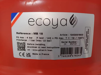 Vase d'expansion à membrane de 18 litres - tarage 1.5 bars - Gitral modèle : mb18